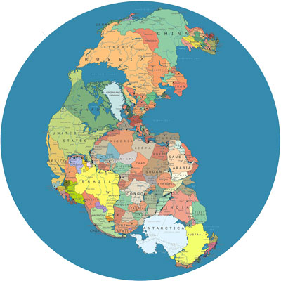 Pangea with modern-day borders